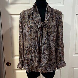 Wintersilks 100% Silk Paisley Long Sleeve Bow Tie Neck Lightweight Flowy Blouse